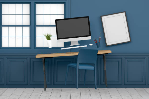 istock Zero Gravity Workplace with Blank Screen Monitor and Frame in modern interior 1125882025