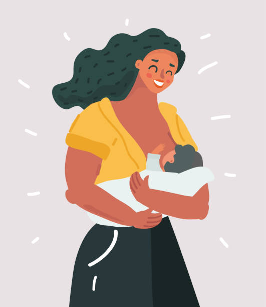 Beautiful mother breastfeeding her baby child. Vector cartoon illustration of Beautiful mother breastfeeding her baby child holding him in hands. Lactation concept on white background. feeding illustrations stock illustrations