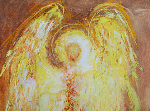Fashionable illustration modern work of art my original painting  horizontal gouache pastel fantasy painting a fiery angel of light on the brown background of the earth