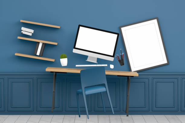 Zero Gravity Workplace with Blank Screen Monitor and Frame in modern interior Zero Gravity Workplace with Blank Screen Monitor in modern interior, Home office concept, 3d render. bookcase falling stock pictures, royalty-free photos & images