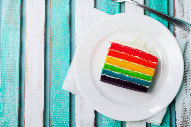 istock Rainbow cake on a white plate. Colorful wooden background. Top view. Copy space. 1125886908