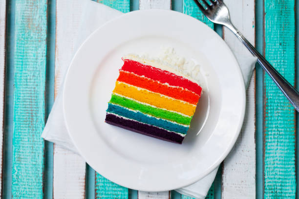 istock Rainbow cake on a white plate. Colorful wooden background. Top view. 1125889216