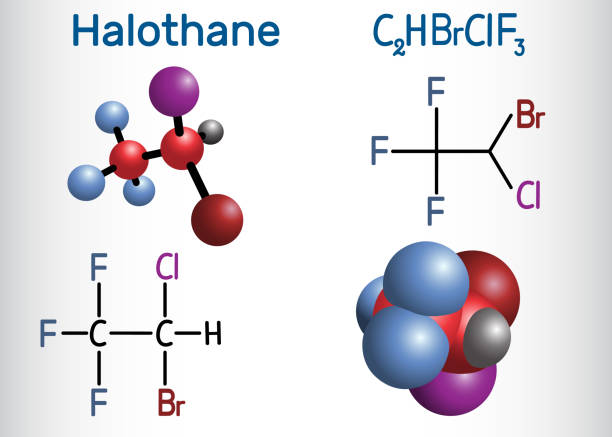 halotan ogólna cząsteczka leku znieczulającego. strukturalna formuła chemiczna i model cząsteczki - gas range stock illustrations