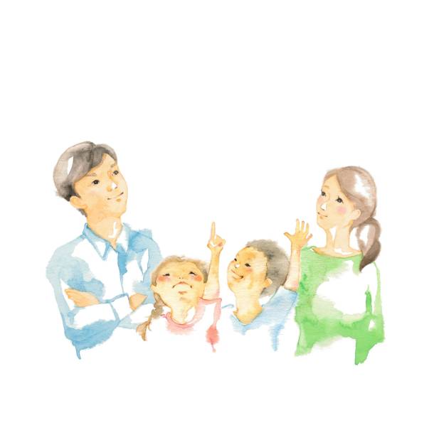 rodzina, która patrzy w górę - child mother illustration and painting little boys stock illustrations