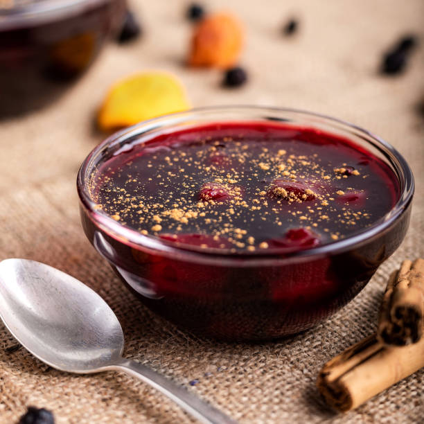 Mazamorra morada, delicious peruvian dessert jam with dried fruits and cinnamon peruvian calssic dessert ice pie stock pictures, royalty-free photos & images