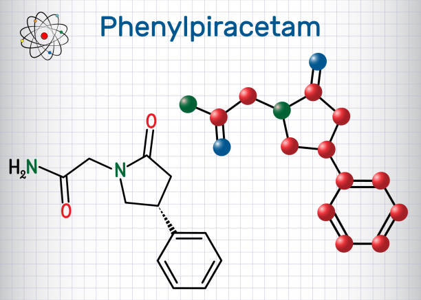Phenylpiracetam nootropic drug molecule. It is a phenylated analog of the piracetam. Sheet of paper in a cage. Structural chemical formula and molecule model Phenylpiracetam nootropic drug molecule. It is a phenylated analog of the piracetam. Sheet of paper in a cage. Structural chemical formula and molecule model. Vector illustration nootropic stock illustrations