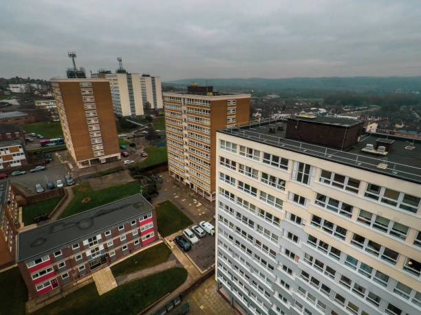 Aerial view of high rise tower blocks, flats built in the city of Stoke on Trent to accommodate the increasing population, housing crisis High rise buildings, flats built to accommodate the local housing crisis and to fulfil the social housing requirement stoke on trent stock pictures, royalty-free photos & images