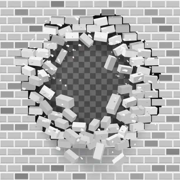 Vector illustration of White grey brick break wall hole destruction template transparent background vector illustration