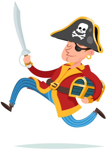 пиратский капитан характер убегает с сокровищницей мультфильм дизайн вектор иллюстрации - vector illustration and painting men caricature stock illustrations