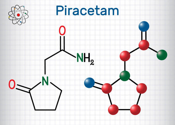 Piracetam molecule. It is nootropic drug.  Structural chemical formula and molecule model. Sheet of paper in a cage Piracetam molecule. It is nootropic drug.  Structural chemical formula and molecule model. Sheet of paper in a cage. Vector illustration nootropic stock illustrations