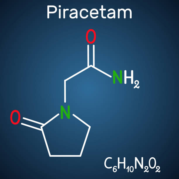 Piracetam molecule. It is nootropic drug.  Structural chemical formula on the dark blue background Piracetam molecule. It is nootropic drug.  Structural chemical formula on the dark blue background. Vector illustration nootropic stock illustrations