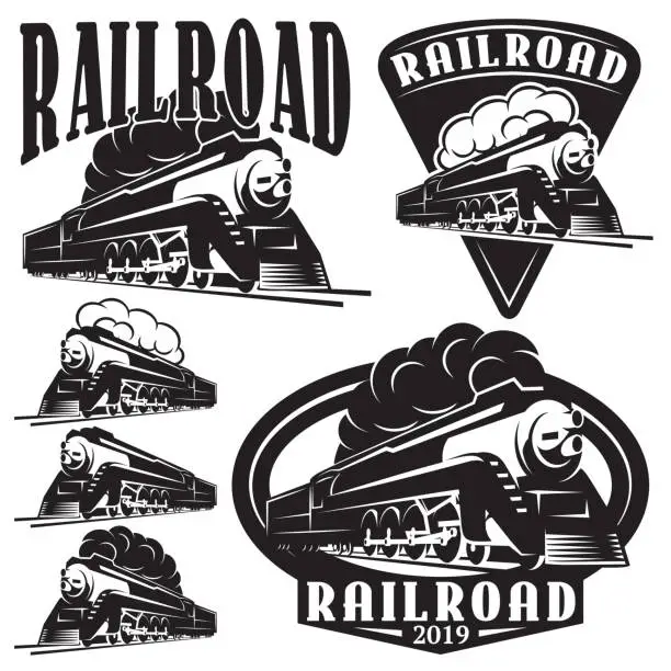 Vector illustration of set of vector templates with a locomotive, vintage train.