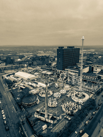 Aerial view, drone images of Winter Wonderland near the city centre, an annual Christmas and January funfair with rides and amusements