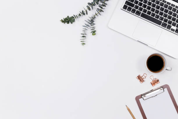 istock Woman home office desk workspace with laptop, eucalyptus leaf, notebook and coffee cup on white background. Flat lay, Top view. Stylish female concept. Image. 1125903086