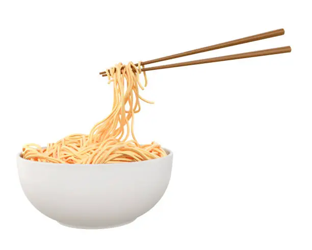 Photo of Chinese noodle or Japanese Instant noodle Chopped with chopsticks form white bowl.