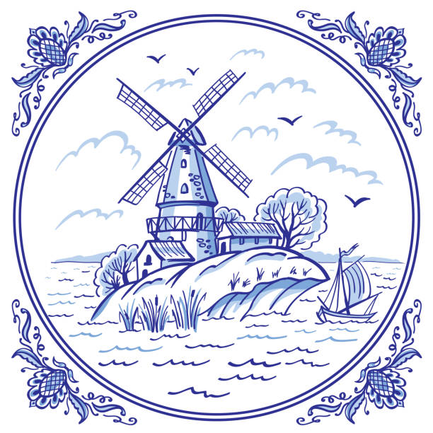 ilustraciones, imágenes clip art, dibujos animados e iconos de stock de paisaje con un molino de viento y un barco en colores azules - windmill architecture traditional culture mill