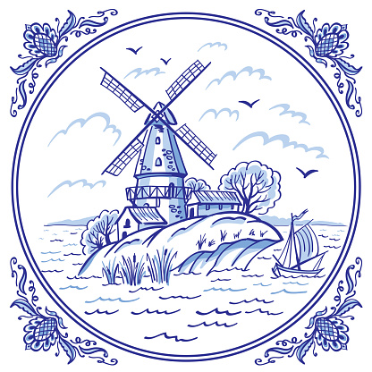 Landscape with a windmill and a boat in blue colors