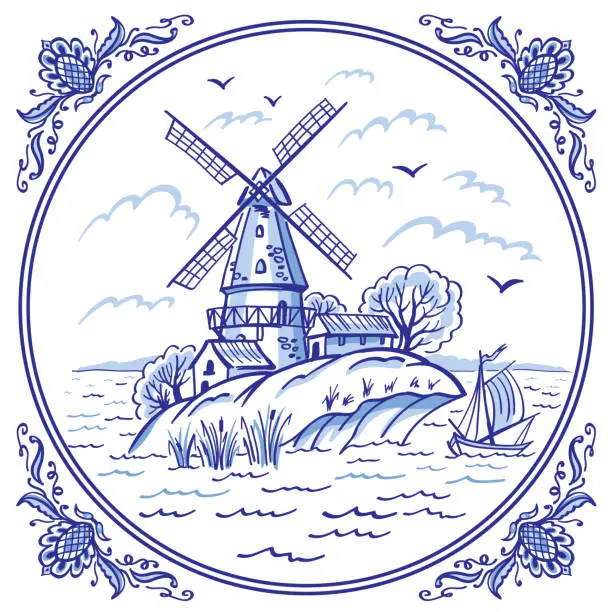 Vector illustration of Landscape with a windmill and a boat in blue colors