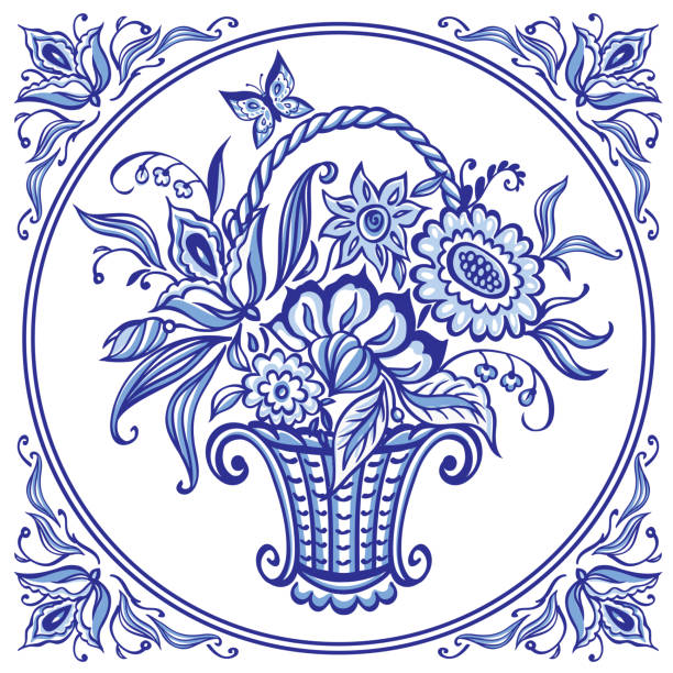 블루 색상에 꽃 바구니 - porcelain tiles stock illustrations