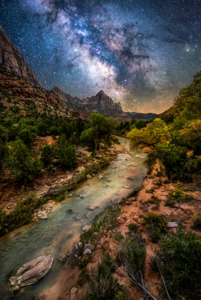 Zion National Park at night Milky way over Virgin River at Zion National Park. Utah. USA landscape stream autumn forest stock pictures, royalty-free photos & images