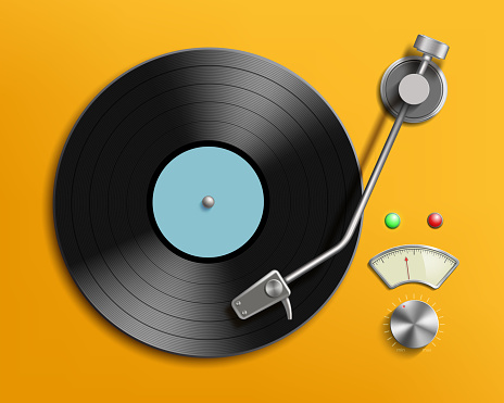 Vintage record player with retro vinyl disc. Vector realistic illustration.