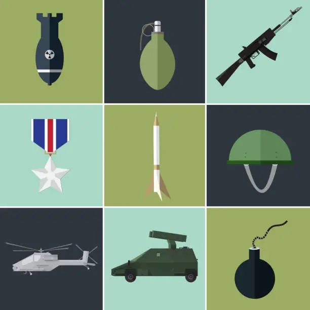 Vector illustration of Concept of military equipment flat icons. vector illustration design
