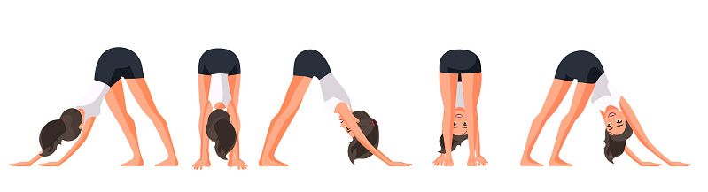 Vector illustration of sportive women in dog pose yoga. Cartoon realistic people illustration practicing yoga. Flat young woman. Front view girl, Side view girl, Back side view. Stretching. Sport.