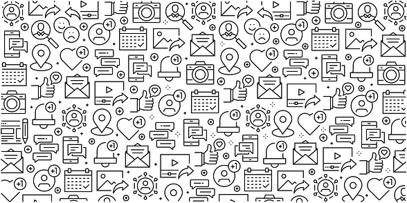 Vector set of design templates and elements for Social Media in trendy linear style - Seamless patterns with linear icons related to Social Media - Vector