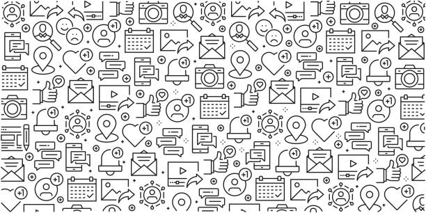 Vector set of design templates and elements for Social Media in trendy linear style - Seamless patterns with linear icons related to Social Media - Vector Vector set of design templates and elements for Social Media in trendy linear style - Seamless patterns with linear icons related to Social Media - Vector social media icon illustrations stock illustrations