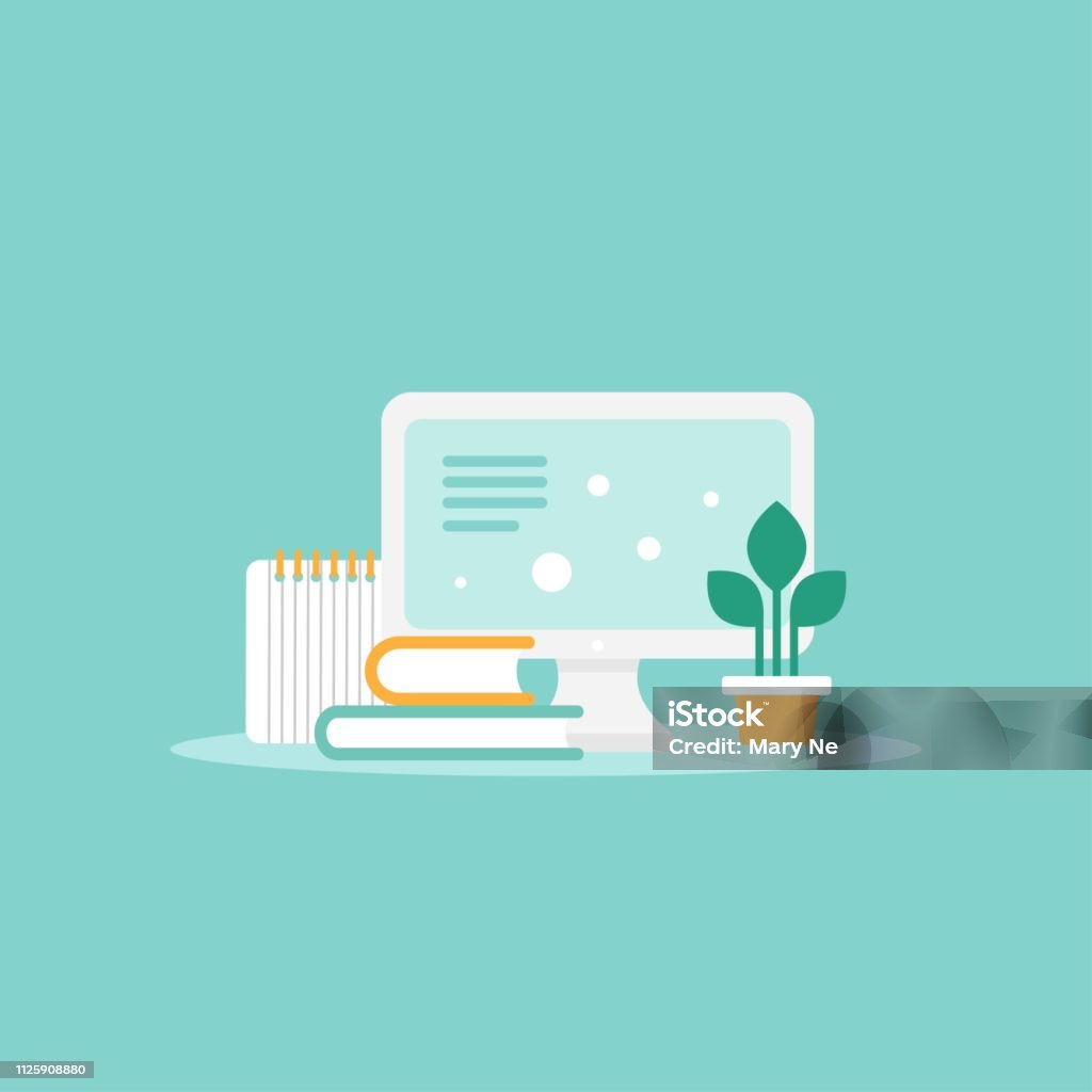 Book Pen Computer Work Workplace With Computer Screen Pen Pencil Books And Blocknote Stock ...