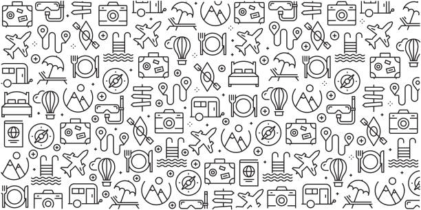 Vector set of design templates and elements for Travel and Holiday in trendy linear style - Seamless patterns with linear icons related to Travel and Holiday - Vector Vector set of design templates and elements for Travel and Holiday in trendy linear style - Seamless patterns with linear icons related to Travel and Holiday - Vector airport patterns stock illustrations