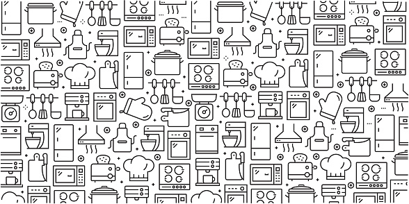 Vector set of design templates and elements for Kitchen Utensil in trendy linear style - Seamless patterns with linear icons related to Kitchen Utensil - Vector