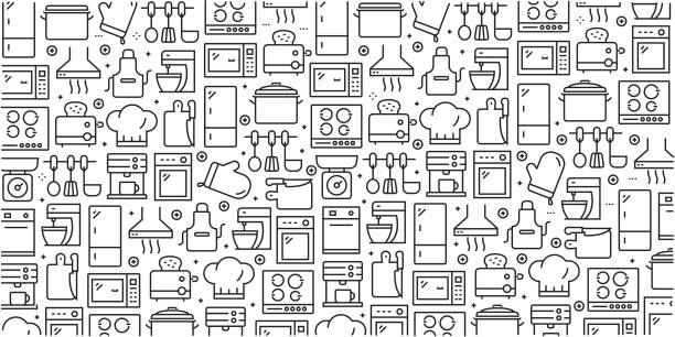 Vector set of design templates and elements for Kitchen Utensil in trendy linear style - Seamless patterns with linear icons related to Kitchen Utensil - Vector Vector set of design templates and elements for Kitchen Utensil in trendy linear style - Seamless patterns with linear icons related to Kitchen Utensil - Vector cooking patterns stock illustrations