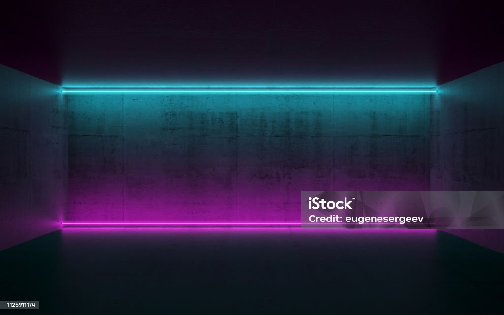 Room with horizontal neon lights, 3d Abstract dark concrete interior background with colorful horizontal neon lights, 3d render illustration Neon Lighting Stock Photo