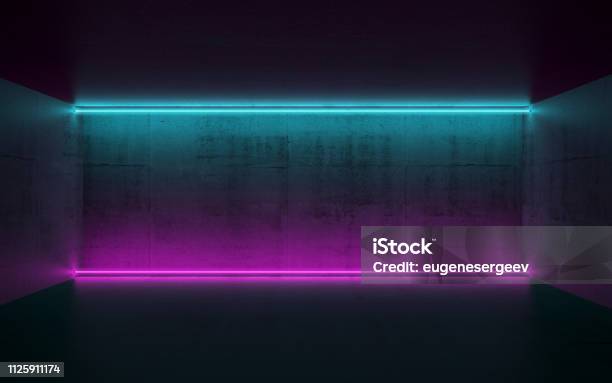 Room With Horizontal Neon Lights 3d Stock Photo - Download Image Now - Neon Lighting, Neon Colored, Wall - Building Feature