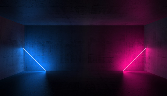 Abstract empty dark concrete interior with colorful neon lights, 3d render illustration