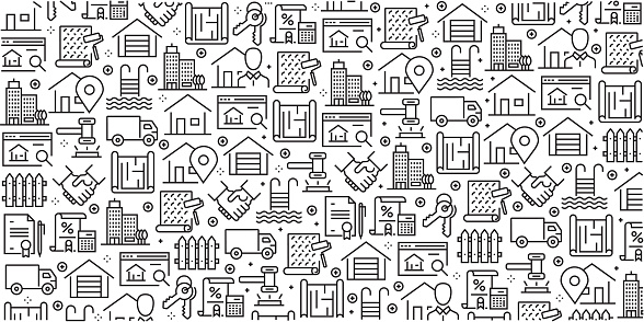 Vector set of design templates and elements for Real Estate in trendy linear style - Seamless patterns with linear icons related to Real Estate - Vector