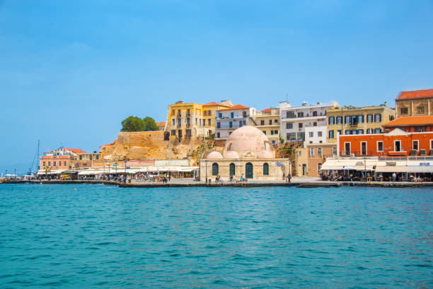 venitian habor of chania in crete, grece - venitian imagens e fotografias de stock