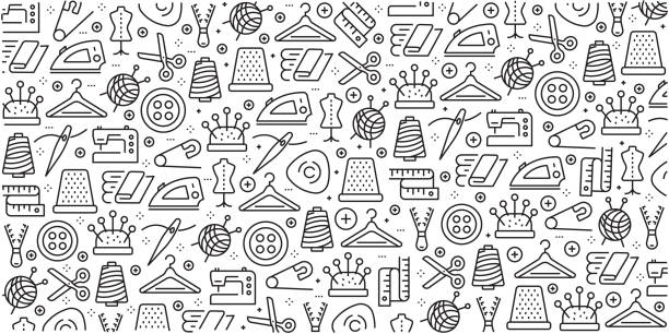 ilustrações de stock, clip art, desenhos animados e ícones de vector set of design templates and elements for sewing in trendy linear style - seamless patterns with linear icons related to sewing - vector - sewing needlecraft product needle backgrounds