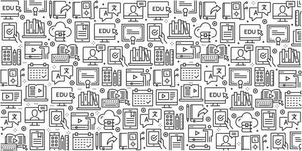 Vector set of design templates and elements for Online Education in trendy linear style - Seamless patterns with linear icons related to Online Education - Vector Vector set of design templates and elements for Online Education in trendy linear style - Seamless patterns with linear icons related to Online Education - Vector learning patterns stock illustrations
