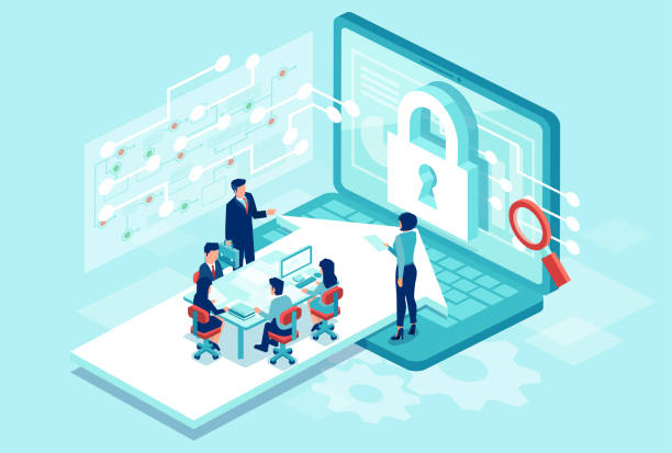 Isometric vector of a team working designing new software to protect personal data Cyber security concept. Isometric vector of a team working designing new software to protect personal data risk illustrations stock illustrations