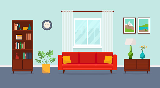Living room with red sofa, bookcase, vase, plant, paintings and window. Vector flat illustration.