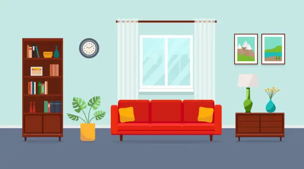 Vector illustration of Living room with red sofa, bookcase, vase, plant, paintings and window. Vector flat illustration.