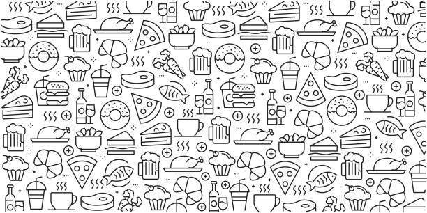 ilustrações, clipart, desenhos animados e ícones de vector conjunto de modelos de design e elementos de comida e bebida no elegante estilo linear - padrões sem emenda com lineares ícones relacionados com comida e bebida - vetor - food