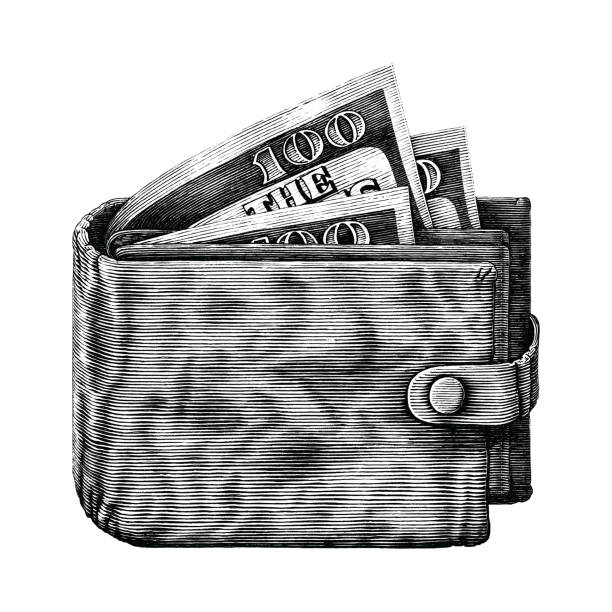 ilustrações de stock, clip art, desenhos animados e ícones de wallet with full money hand draw vintage engraving isolated on white background - wallet buying white dollar