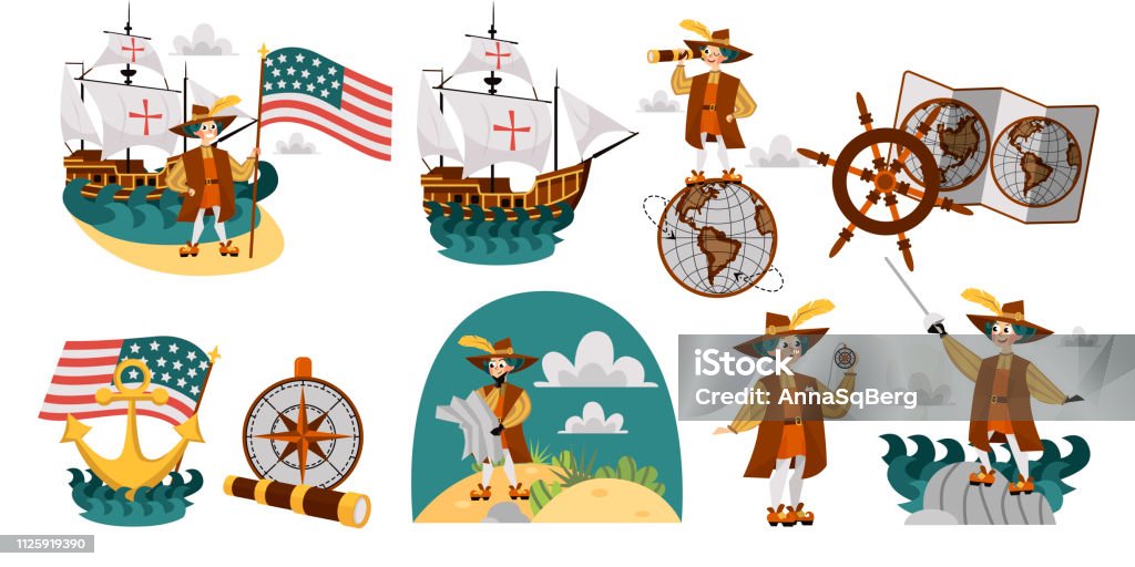 Columbus Day set with ship map helm compass symbols Columbus Day set with ship map helm compass symbols. Collection consist with Caravel Santa Maria Columb with american flag wind rose spyglass and sword vector illustration Spain stock vector