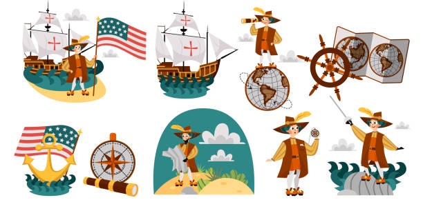 Columbus Day set with ship map helm compass symbols Columbus Day set with ship map helm compass symbols. Collection consist with Caravel Santa Maria Columb with american flag wind rose spyglass and sword vector illustration christopher columbus stock illustrations