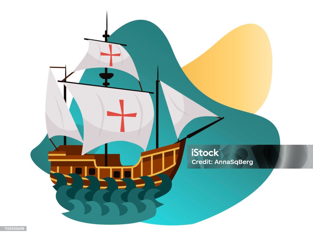 Columbus Day poster with Caravel Santa Maria Columbus Day poster with Caravel Santa Maria. Sailing ship floating on the sea waves greeting or invitation card vector illustration. Isolated on white American Culture stock vector