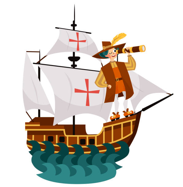 Columbus Day poster with Columb looking at spyglass Columbus Day poster with Columb looking at spyglass. Greeting or invitation card with Caravel Santa Maria floating on the sea waves and great spanish sailor with glass vector illustration columbus stock illustrations