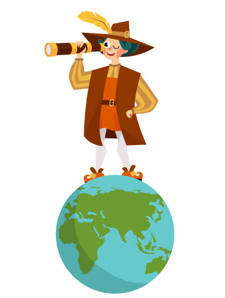 Happy Columbus Day with Columb looking at spyglass Happy Columbus Day with Columb looking at spyglass. United States national holiday greeting or invitation card with great spanish sailor standing on globe with glass vector illustration christopher columbus stock illustrations